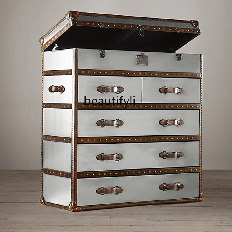 

A36 American chest retro loft industrial style locker space aluminum leather display storage cabinet