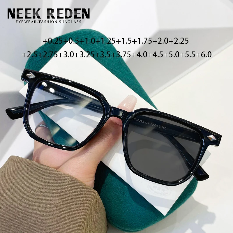 Retro Square Photochromic Reading Glasses Women Men Five Color Resin Reader Sunglasses With Diopter 0 +0.5 +2.75 +4.5 +5.0 +5.5