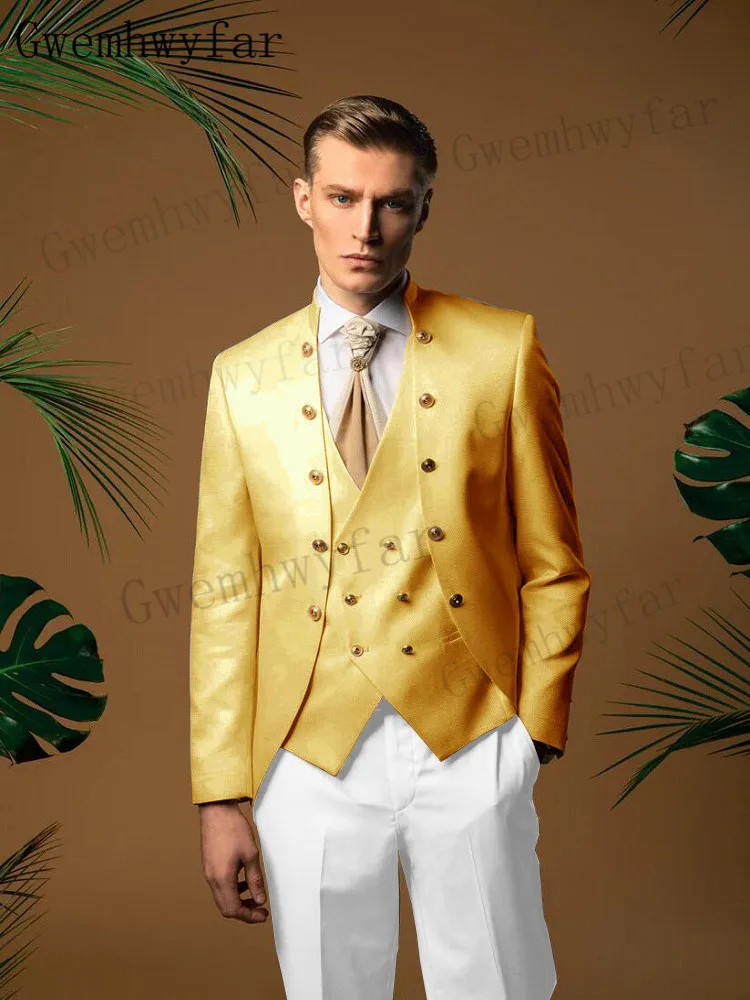 Gwenhwyfar Custom Made Wedding Groom Slim Fit Men Suits Lapel 3 Pieces (Satin Blazer 、 Vest + Regular Pants ) Costume Homme