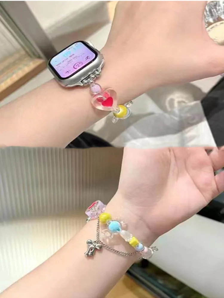 Sweet Heart Candy Strap for Apple Watch Band 38/42 40/44mm 8SE 7 6 5 Lady Beading Loop for IWatch49Ultra 41/45mm 4 3 2 Wristband