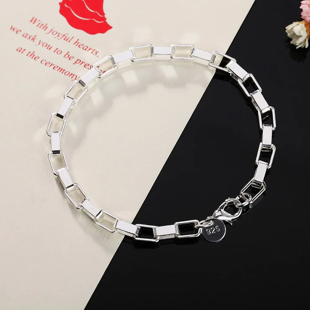 925 Sterling Silver Classic Long Square Chain Bracelets for Women Men's Fashion Party Wedding Accessories Jewelry Christmas Gift