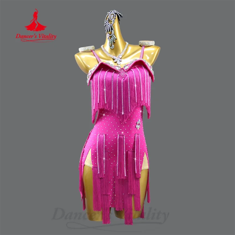 Latin Dance Fringe Jurken Aangepaste Luxe Diamant Sexy Rugloze Jurk Voor Volwassenen En Kinderen Tango Samba Performance Outfit