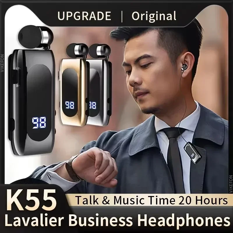 

2025 K55 Lavalier Business Bluetooth 5.2 Headphone Talk/Music LED Digital Display Noice Cancelling Wireless Earphones