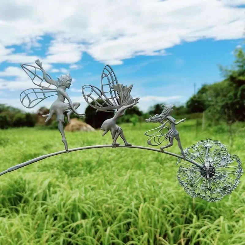 Ogrodowe wróżki dekoracyjne i mniszka lekarskiego taniec razem Metalowy ogród Yard Art Decor Trawnik Krajobraz Rzeźba Piksele Dekoracja