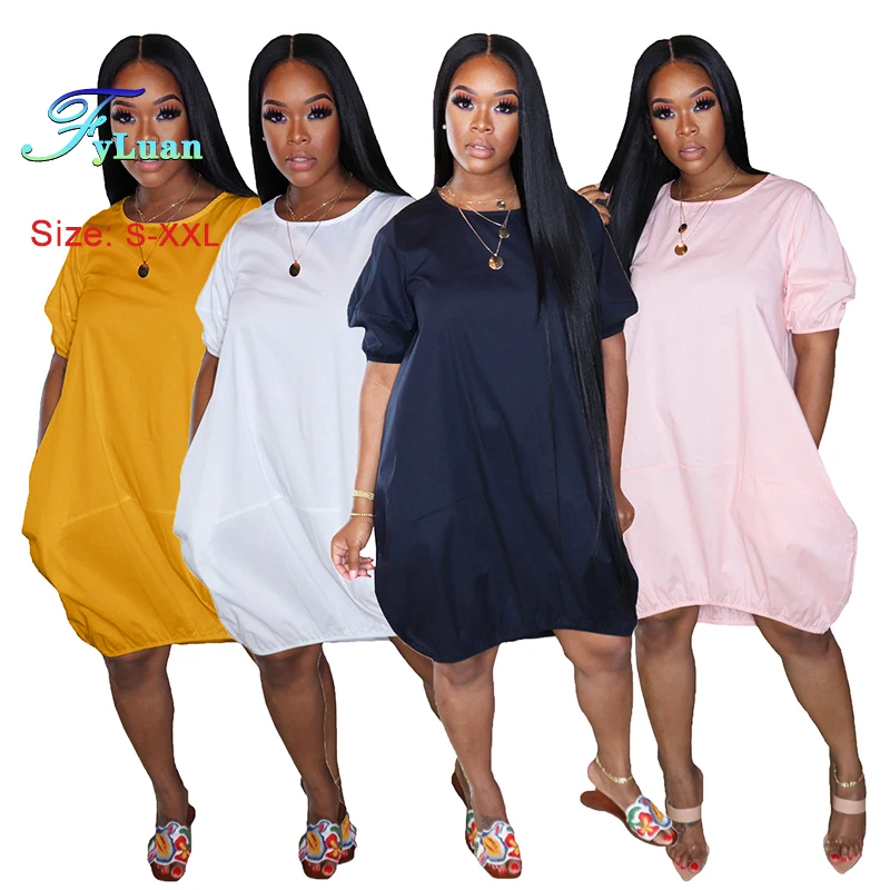 2025 Zomer Nieuwe Vrouwen Bubble Jurk Losse Korte Mouwen O Hals Effen Kleur Dames Grote Maat T-shirt Casual High Street Kleding