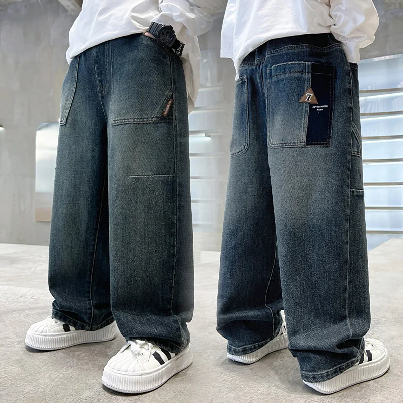 Classic Kids Loose Straight Jeans For Tweens Boys Luxury Relaxed Fit Denim Pants With Letter Pocket Child Dark Blue Trousers