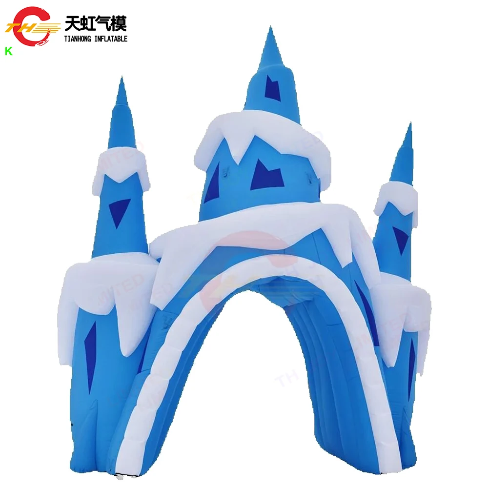 Envío rápido, 5mH, castillo de hielo inflable, arco de túnel, tienda de túnel inflable de copo de nieve de invierno personalizada con soplador