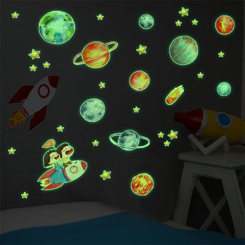 Glow In The Dark Wall Stickers Ceiling Solar System Planets Stars Luminous Growing Decals for Kids Baby Bedroom Decoration Items