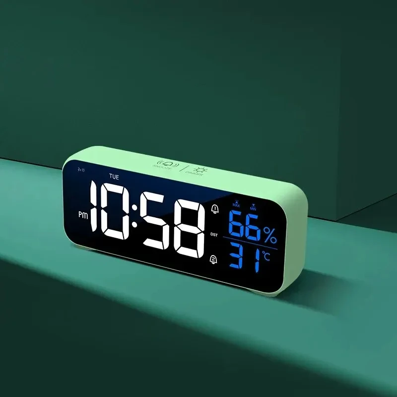 LED Digital Alarm Clock with Voice Control, Temperature and Humidity Functions, Desktop Clock, Desktop Decorations with Music