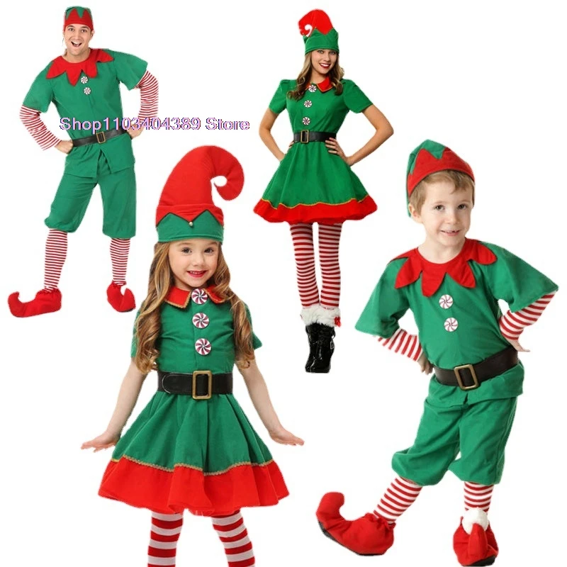 New Christmas Children's and Adult Christmas Costumes Santa Claus Green Elf Costumes Cosplay Christmas performance Outfits