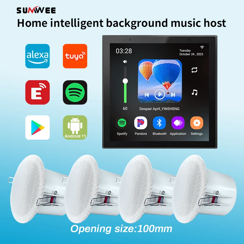 4 Inch Android 11 Tuya Smart home bluetooth audio Alexa Voice Control Background Music in Wall Amplifier withCeiling Speaker