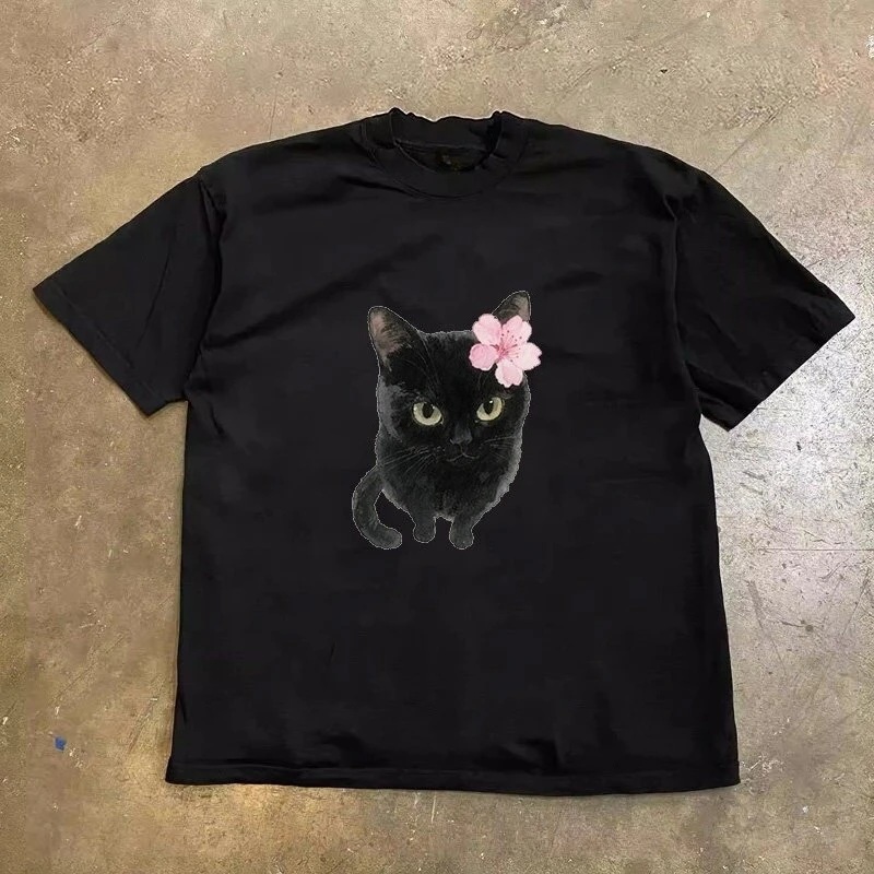 Vintage Cherry Blossom Kitten Cottagecore Y2K Graphic Tee Cotton Mens Womens T-Shirt Summer Streetwear