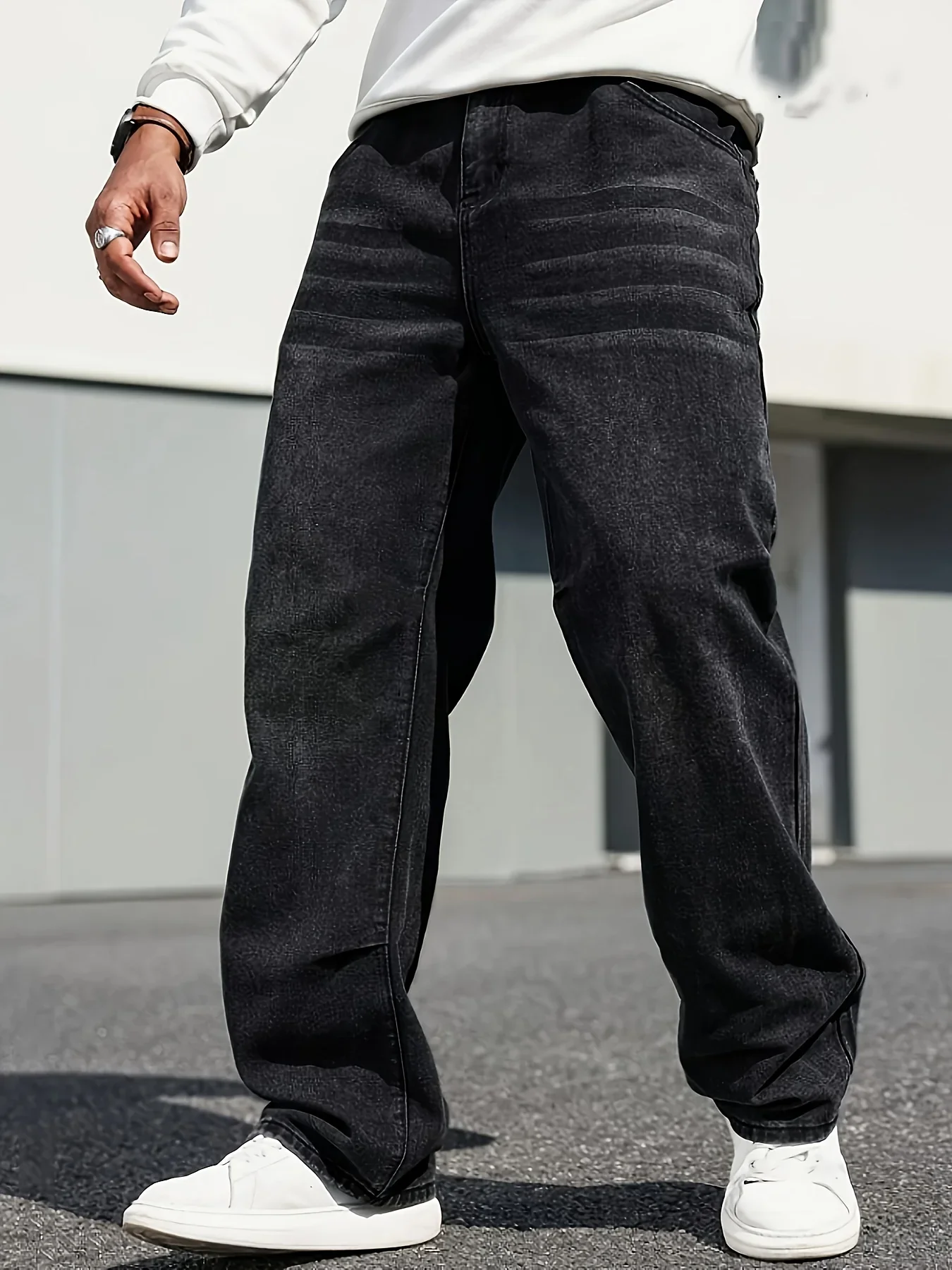 

Men's Classic Straight-Leg Jeans - Cotton Blend, Dark Blue Denim, Non-Stretch, All-Season Wear, Comfort Fit With Slant Pocke
