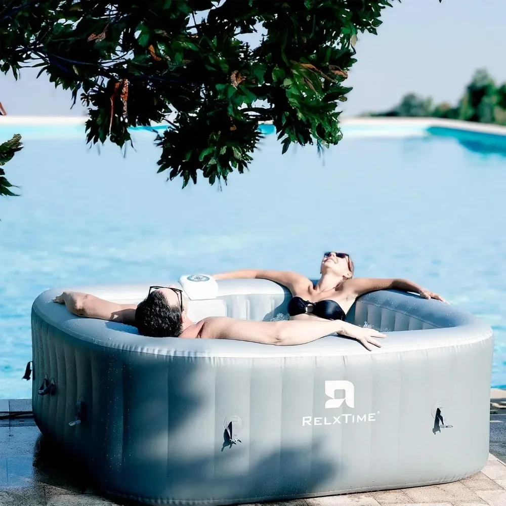 Inflatable Hot Tub 4 To 6 Person, Blow Up Spa Square Outdoor Hottub, 130 Soothing Bubble Air Jets, Cover, 2 Filter Cartridges