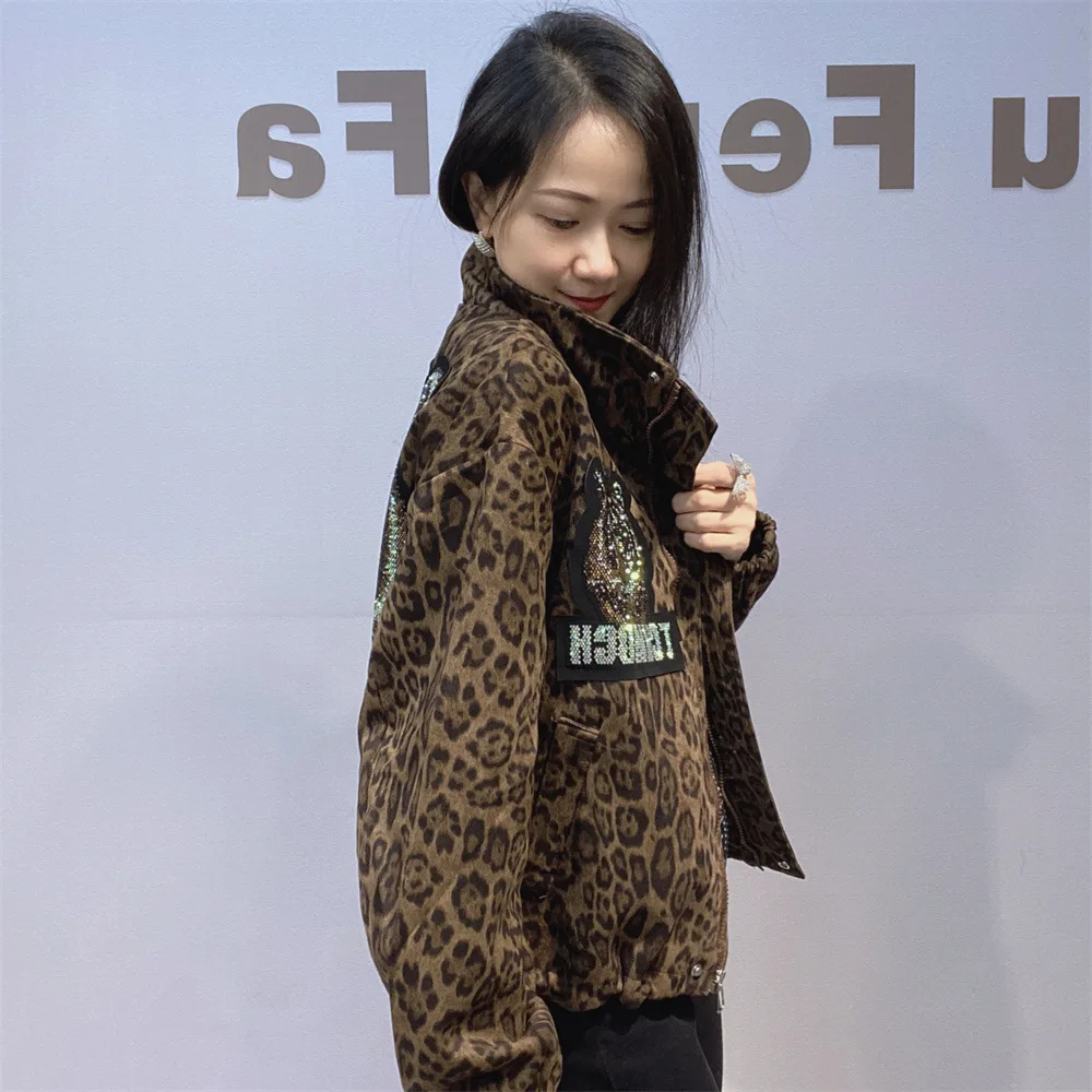 Autumn Winter New Fashion Leopard Print Drawstring Short Zipper Jacket Women's Trendy Brand Rhinestone Baseball Jacket Top Coat
