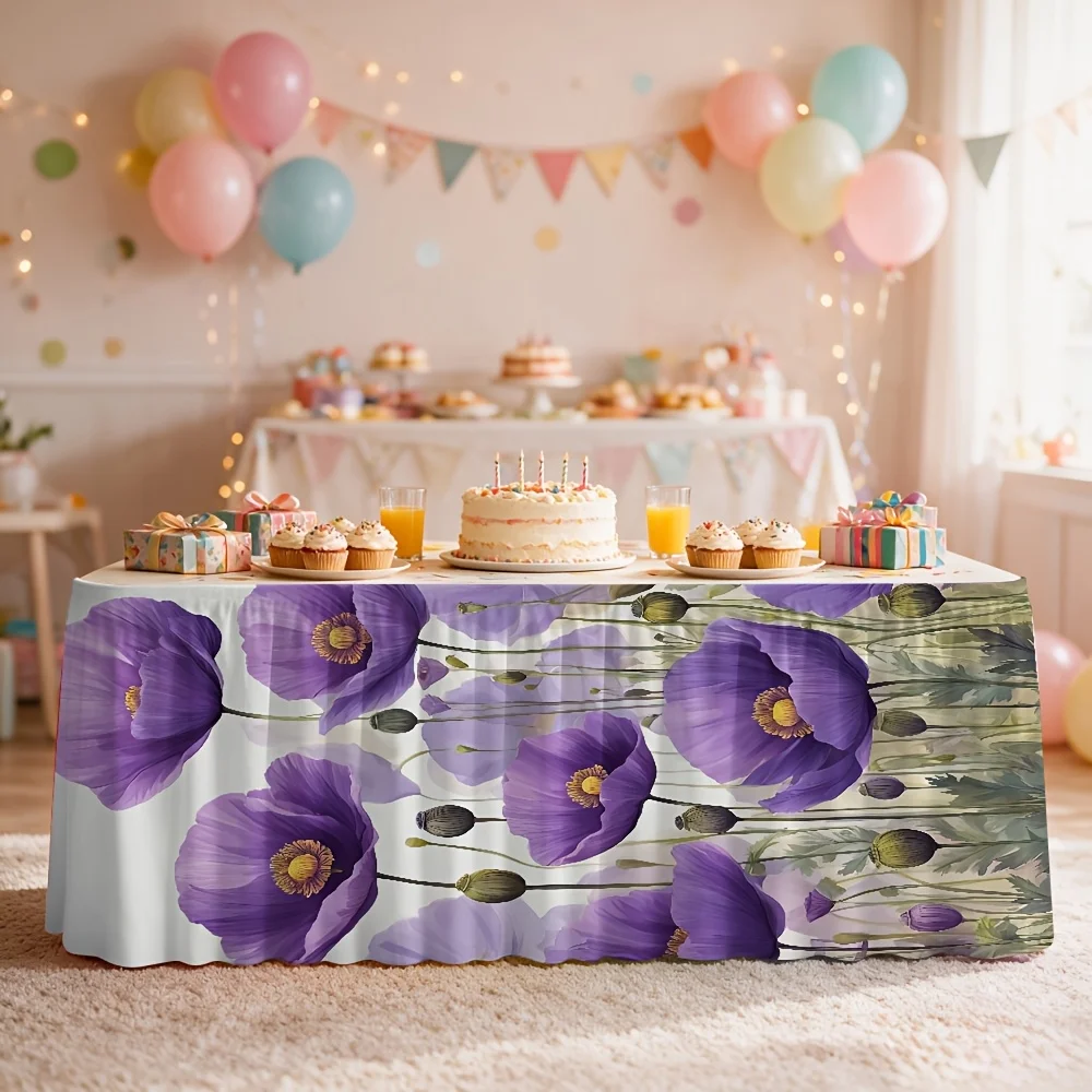 1-Pack, purple poppy print tablecloth table skirt, suitable for parties, especially for birthday party interior decoration