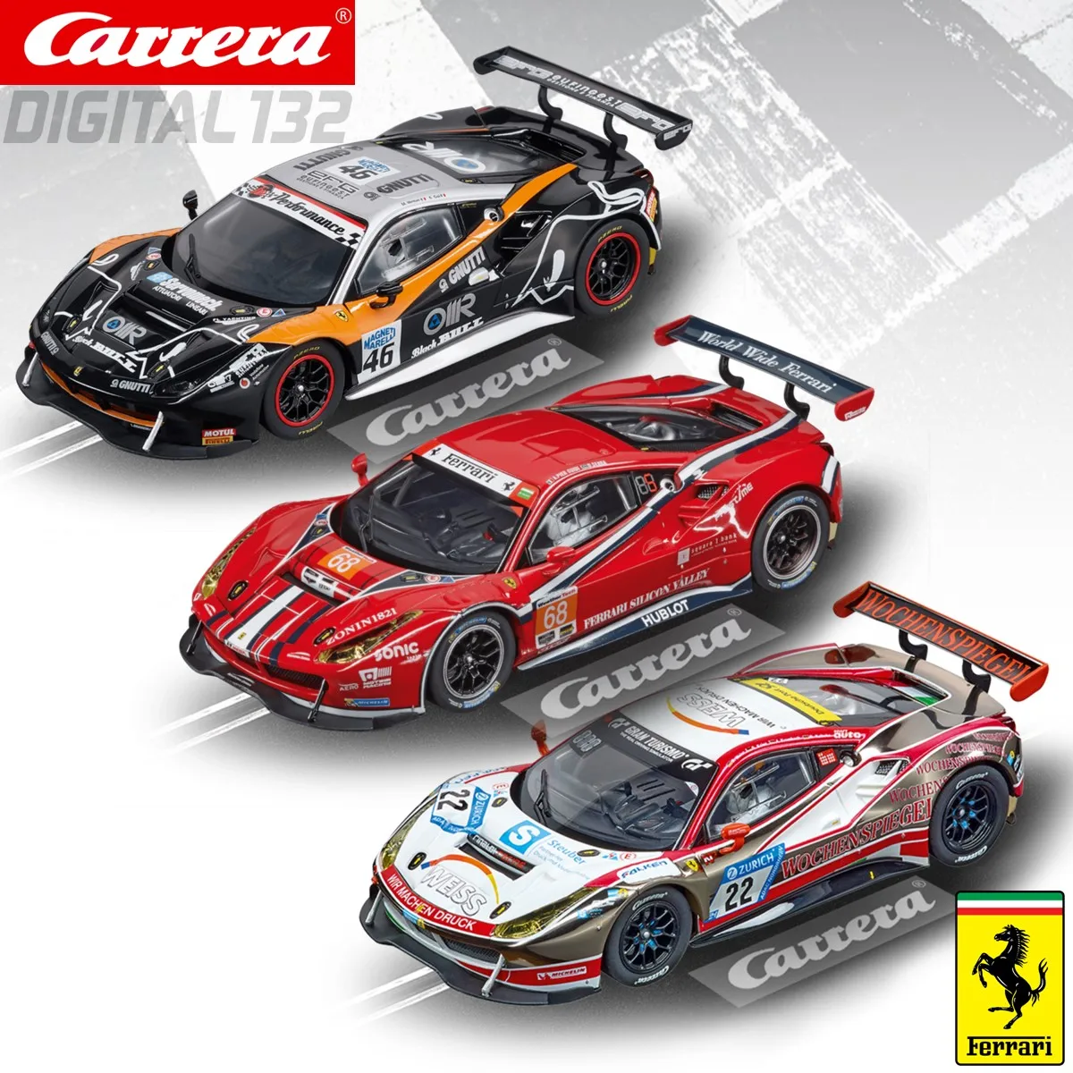 Carrera Slot Car Digital132 Ferrari 488 GT3 30808 Black Bull Racing No.46 / 30809 Scuderia Corsa No.68 / 30868 WTM Racing, No.22