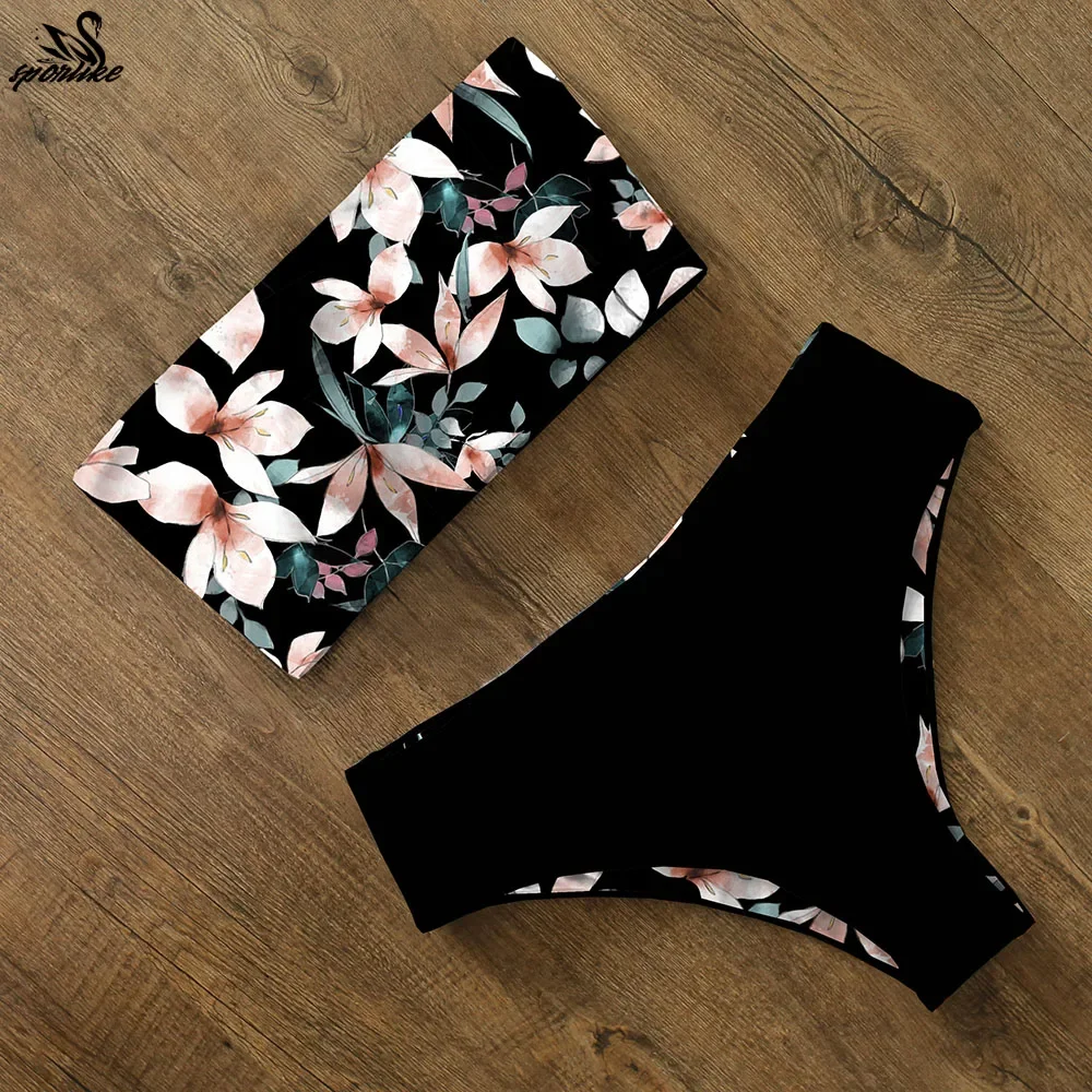 

Bikini 2025 Swimwear Swimsuit Women Print High Waist Bikini Set Back Cross Bandeau Bathing Suit Female Beach Wear Biquini