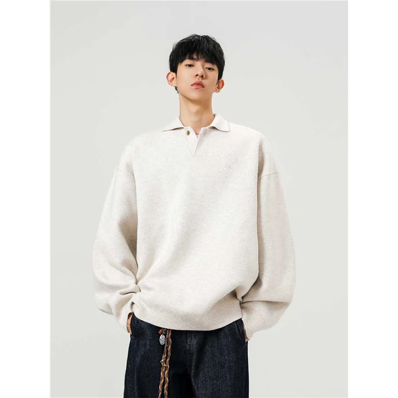 سترة بولو أمريكية الطراز سميكة رياضية للجنسين للخريف والشتاء فضفاضة للأزواج ملابس محبوكة عادية مريحة برقبة مستديرة