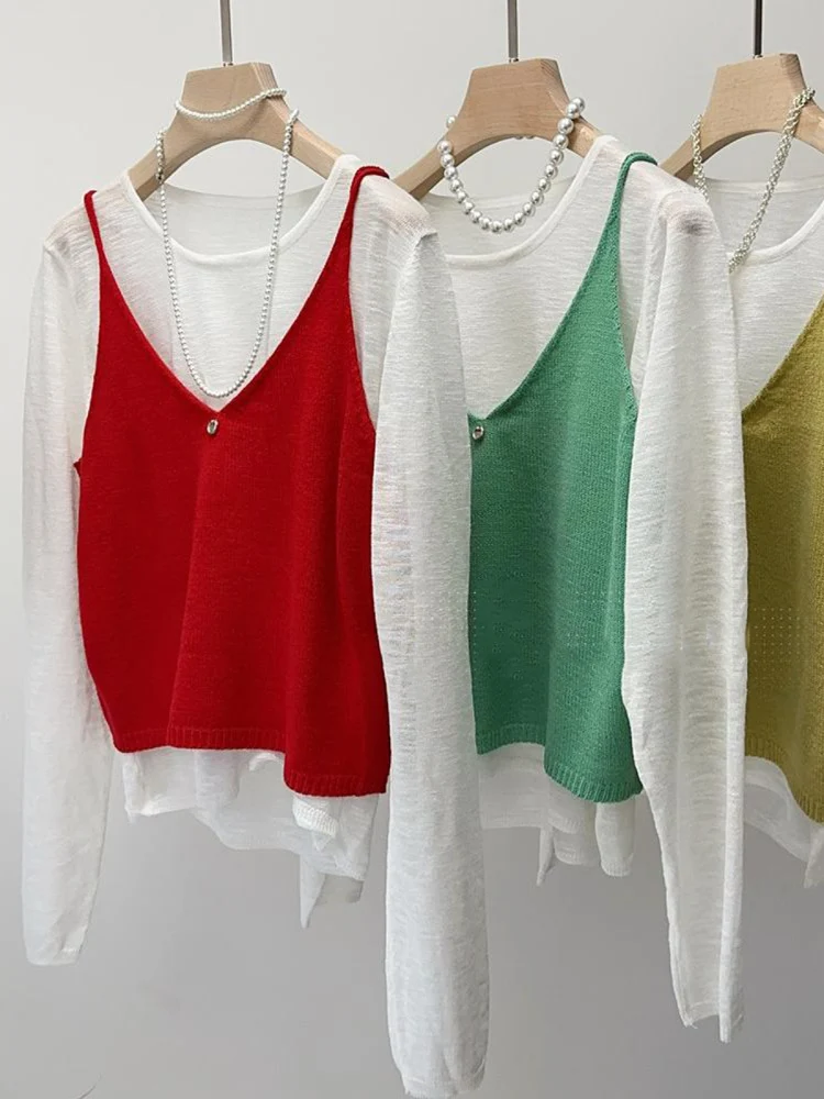 

Корейский вязаный комплект-двойка: женский летний новый топ-майка с V-образным вырезом, облегающий, для ношения под одеждой, с топом на бретельках в комплекте