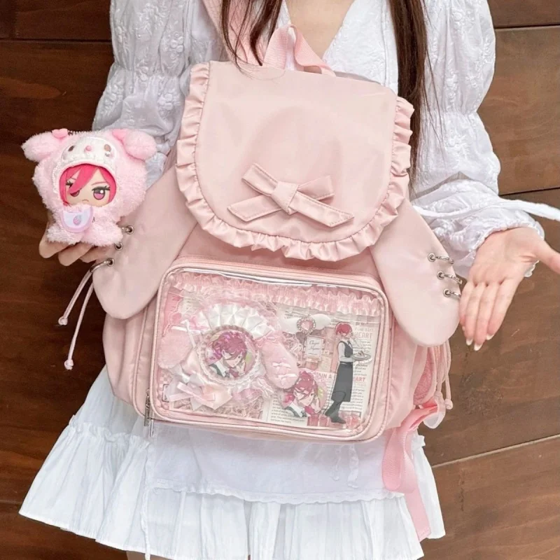 Lolita Cute Ear Bow Transparent Backpack Casual Schoolbag Handbag Student Leisure Travel Backpack