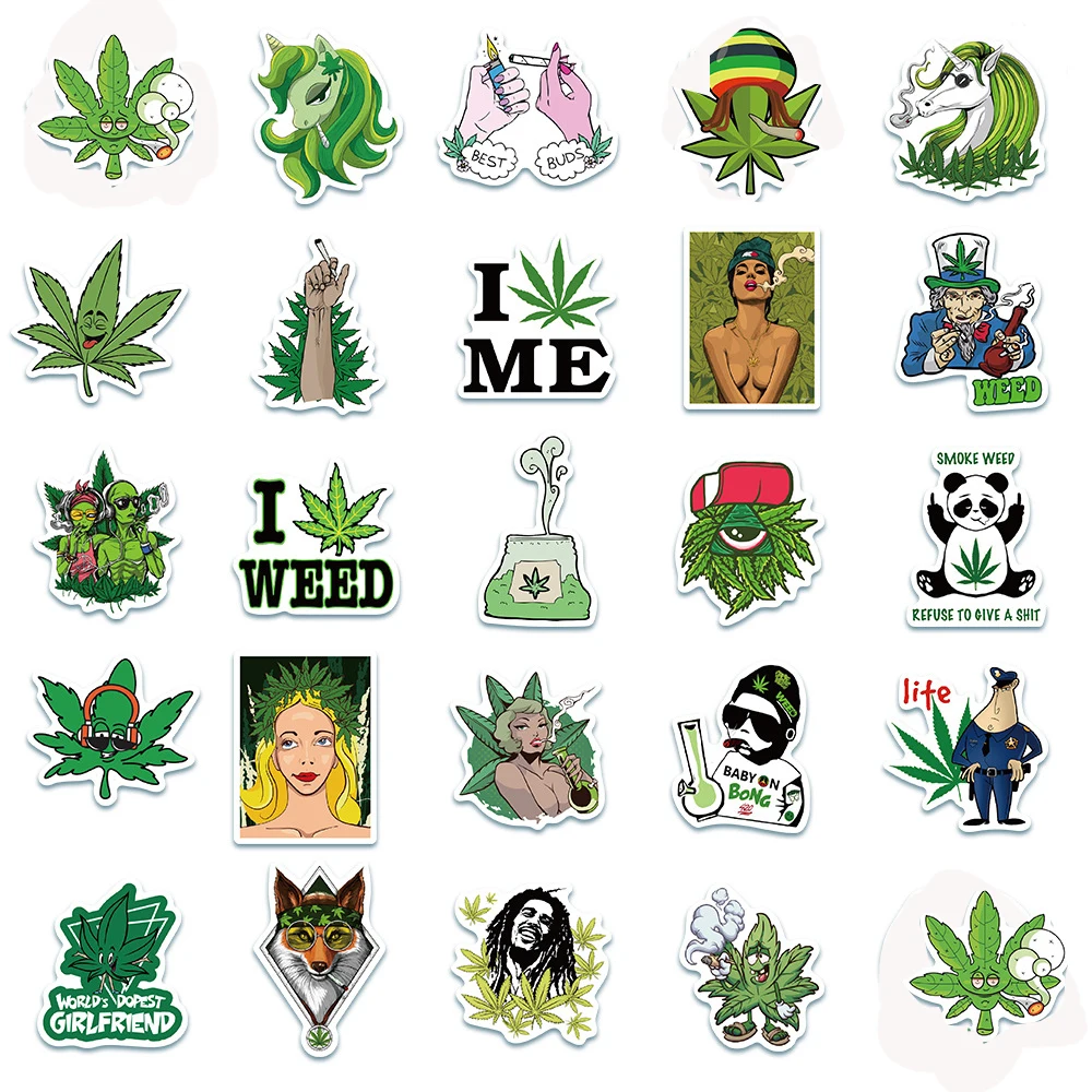 10/30/50pcs ใบวัชพืชสูบบุหรี่สติกเกอร์ตัวอักษรตลก Graffiti ตกแต่ง DIY แล็ปท็อปโทรศัพท์โน้ตบุ๊คกีตาร์ Cool Decals Pack