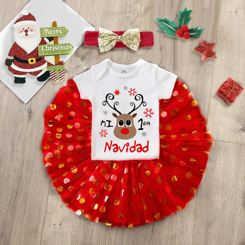 My First Christmas Deer Print Baby Bodysuit Tutu Skirt Set Christmas Infant Cake Dress Outfit Girl Jumpsuit Toddler Xmas Clothes