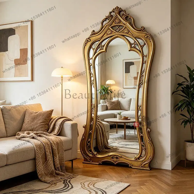 European retro American living room floor-to-ceiling luxury dressing mirror French bedroom wall-mounted carved fitting mirror