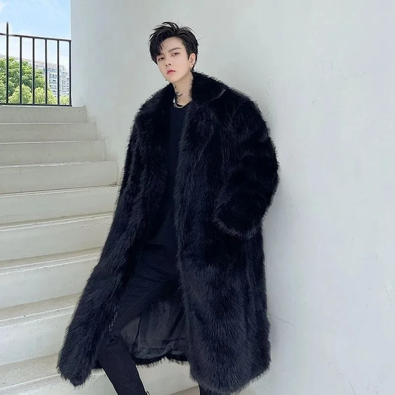 Men Faux Fur Jacket Coat Fox Fur Solid Spliced Outerwear Winter Turn Down Collar Long Sleeve 2025 Overcoat High Street Loose