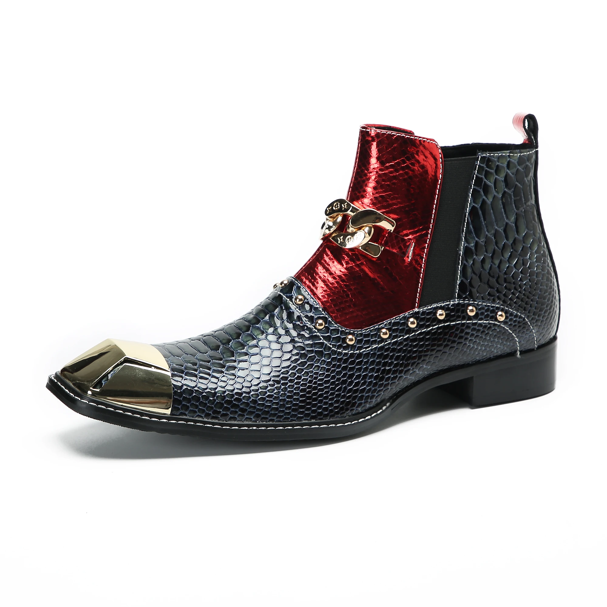 Board Luxus hand gefertigte Herren stiefel goldene Metall zehe blaue Leder Stiefeletten Herren Reiß verschluss Schnallen Rock Party und Hochzeit Botas Schuh – Detail 9
