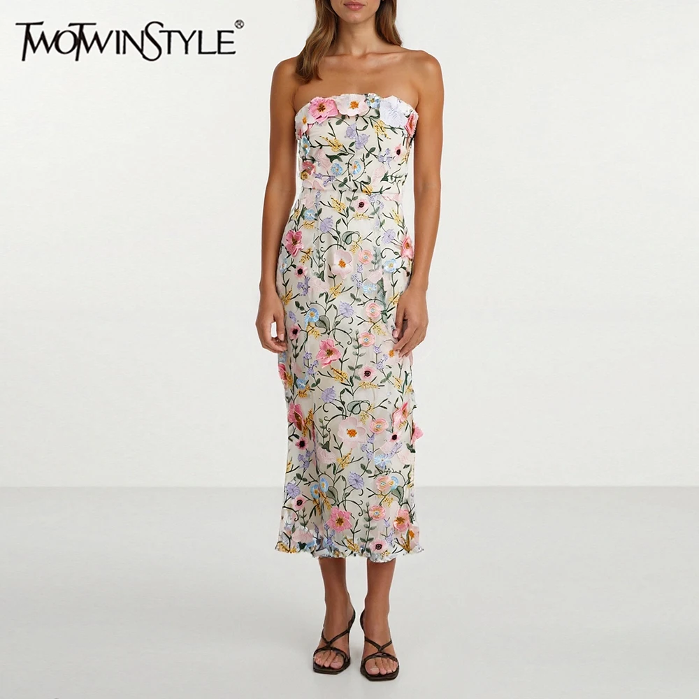 

TWOTWINSTYLE Hit Color Slimming Spliced Embroidery Dresses for Women Strapless Sleeveless Patchwork 3D Flower Dress Female New