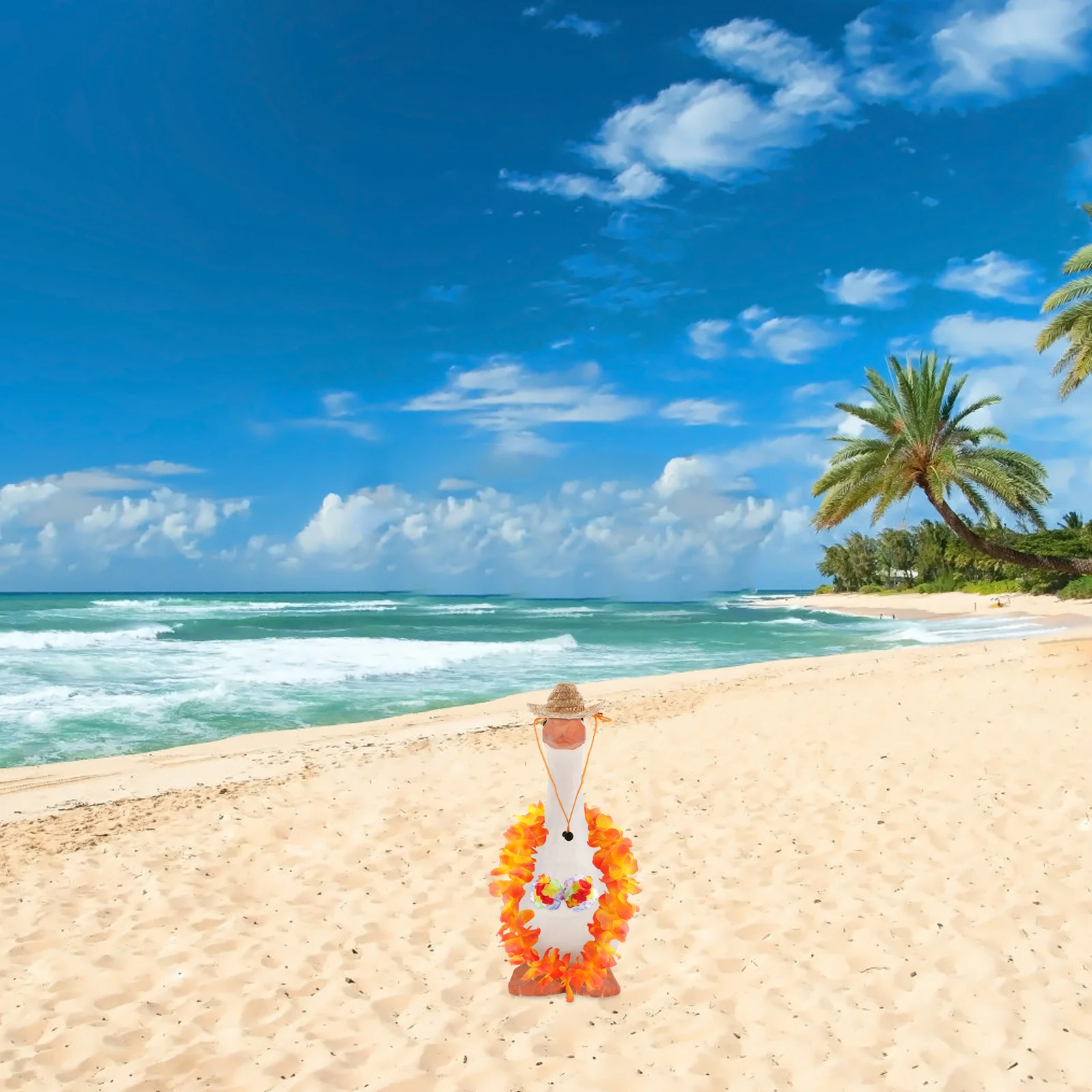 

4Pcs Hawaiian Luau Porch Goose Outfit Set Flower Wreath Straw Hat Sunglasses Garden Summer Holiday Decor Porch Goose Hat