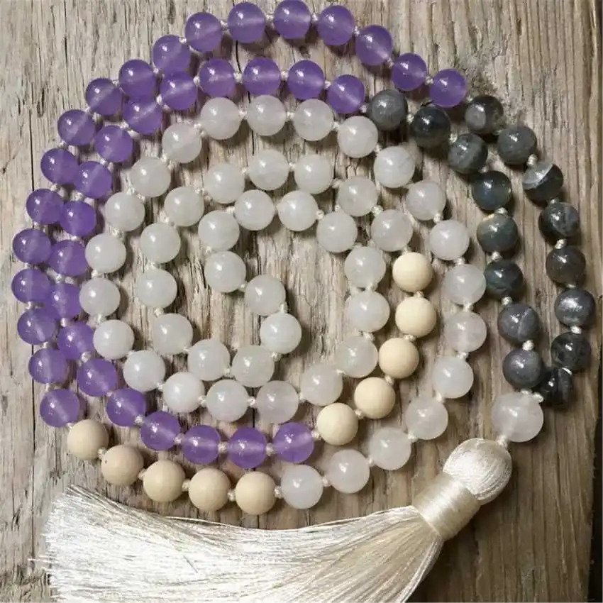 

Natural Amethyst & Clear Quartz Mala Beads Necklace 108 Beads with White Tassel Healing Crystal Jewelry