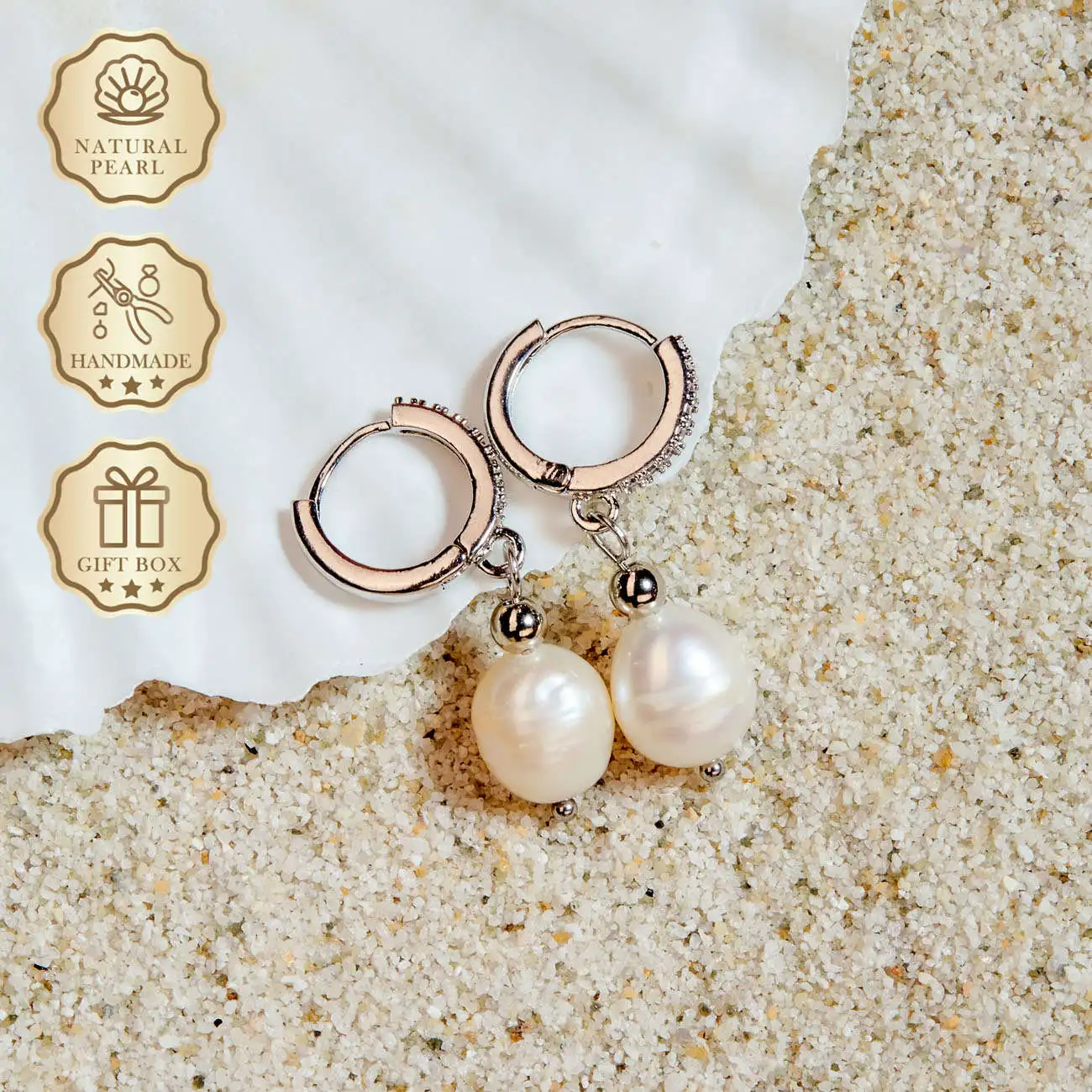 

MYSOYA White Freshwater Pearl Earrings, 9–10mm Pearls with Silver Round Clasp, Gift Box, Perfect Birthday Gift