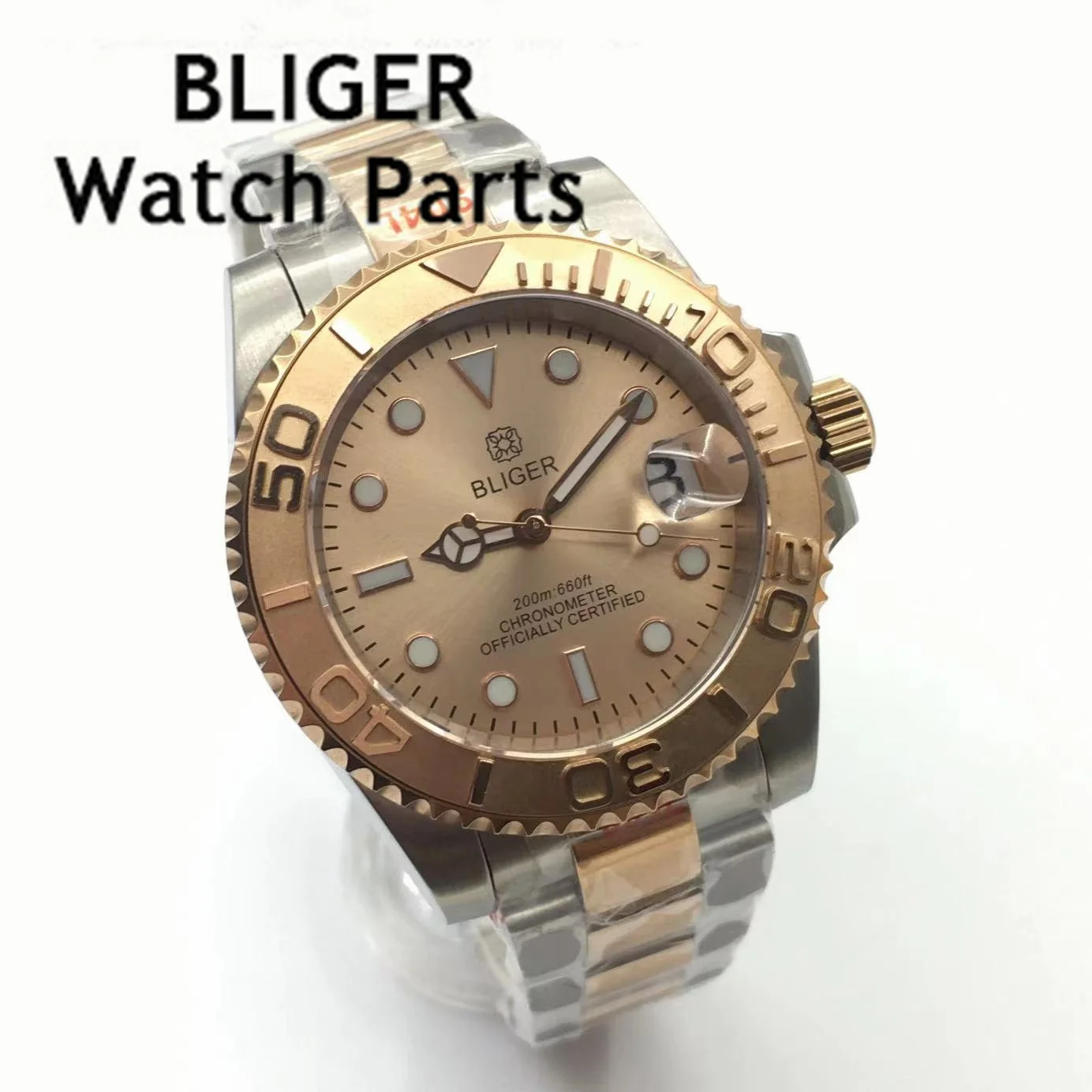 BLIGER 40mm Mechanical Men Watch Sapphire Glass NH35 Movement Rose Gold Dial Steel Bracelet Ceramic Bezel