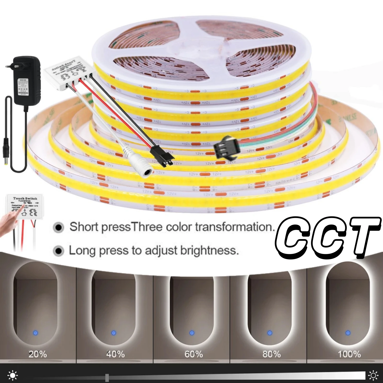 COB CCT 2700K To 6500K Touch Dimmable LED Light Strip 12V 24V 608LEDs/M Tape DIY Dressing Tabe Makeup Mirror Backlight Lamp