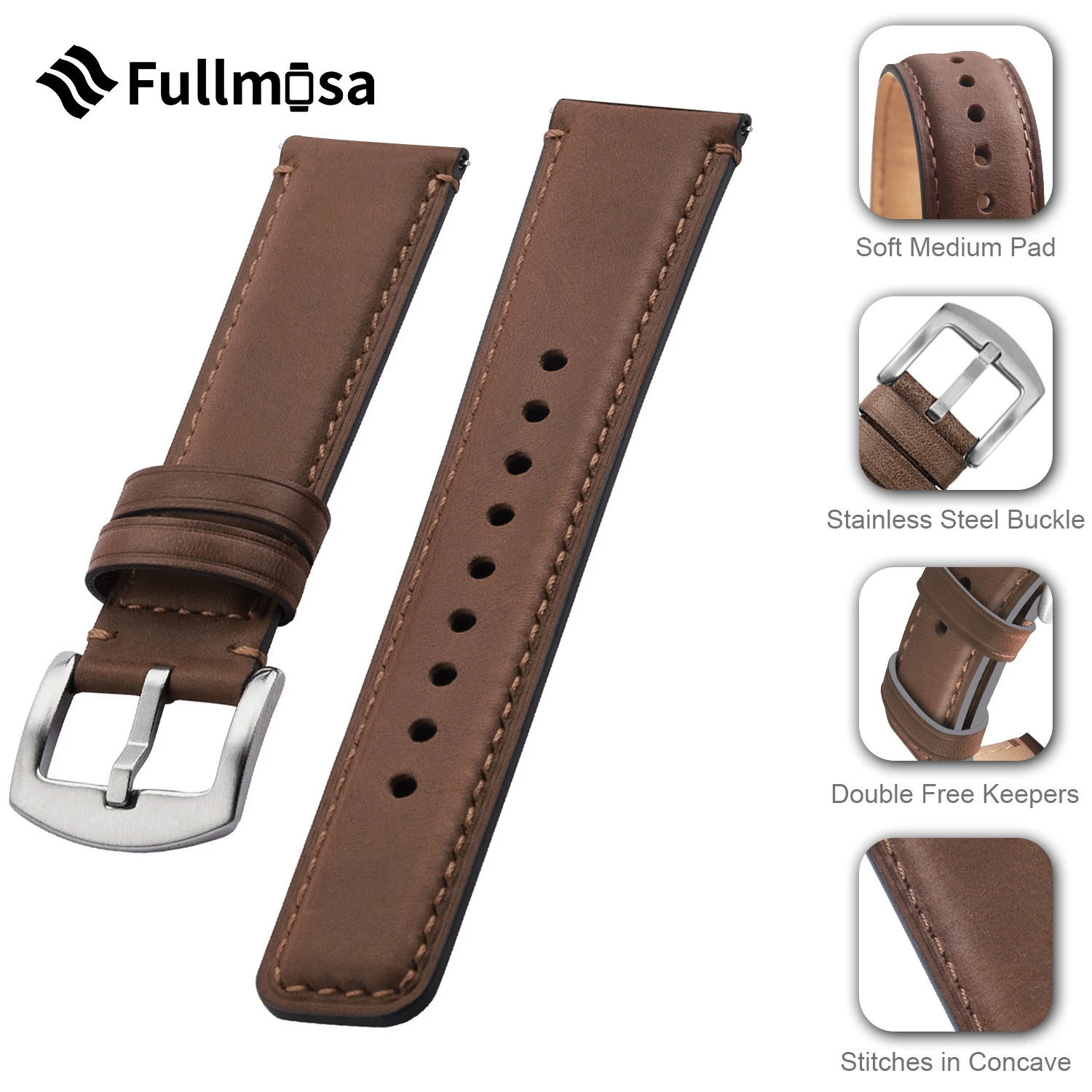Fullmosa Quick Release Watch Band 22mm 20mm 18mm Burnished Leather Strap for Samsung Galaxy Watch/HuaWei Watch/Garmin/CITIZEN