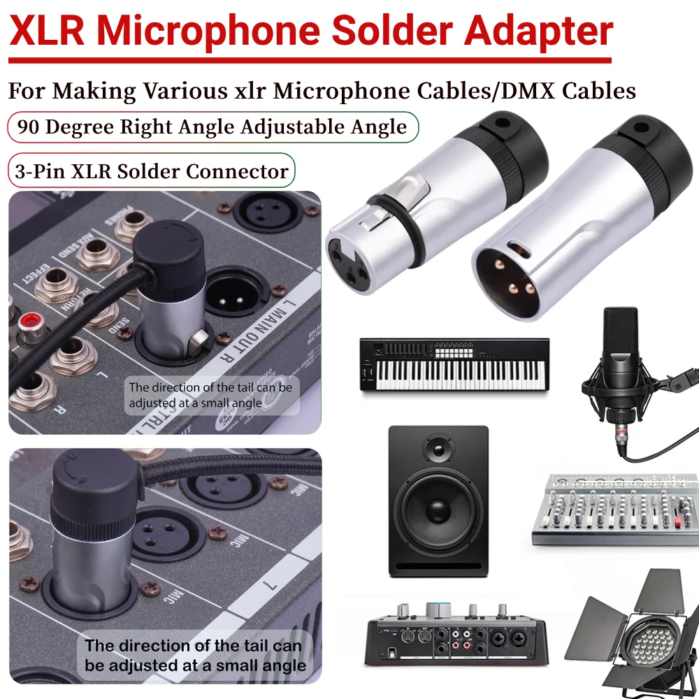 Male/Female Compact XLR Microphone Solder Adapter Adjustable 90 Right Angle Audio Mic Microphone DMX Plug Jack Socket