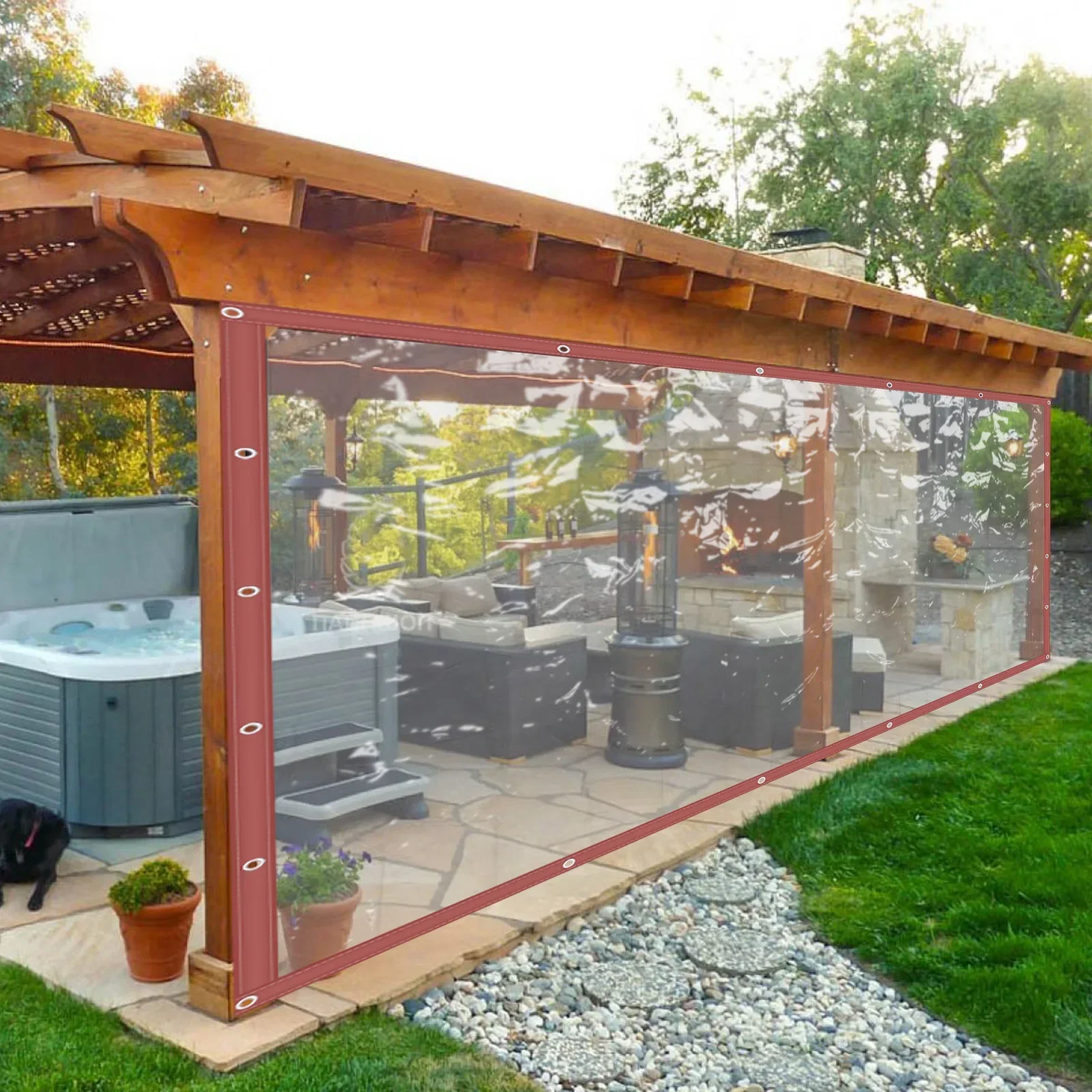 

Rainproof PVC Clear Awning Canopy Curtain Enclosure Patio Roll up Enclosure W/Brown Edge and Grommets 0.5mm Thick 8*20FT