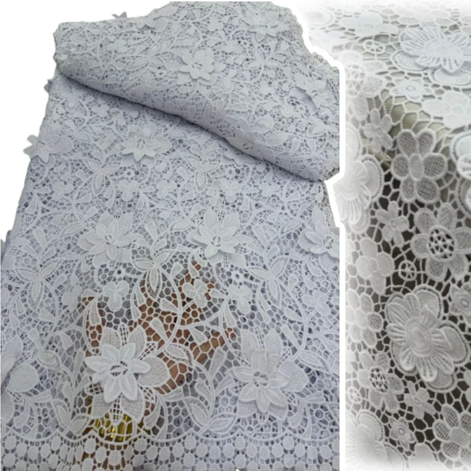 

White African 3D Applique Embroider Guipure Cord Lace Fabric High Quality Nigerian Guipure Cord Lace for Wedding Dress AH1758