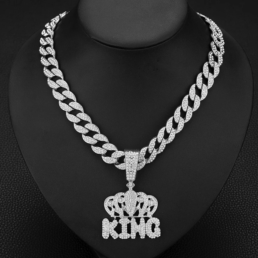 Hip hop 15mm cuban chain with alloy and full rhinestone KING crown pendant necklace