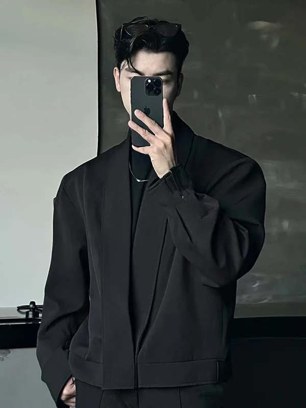 

New Chinese Sle ort Men's Jaet oulder Pads Suit Coat Cleanfit High Sensation Casual Western Sle Autumn Spring Faion