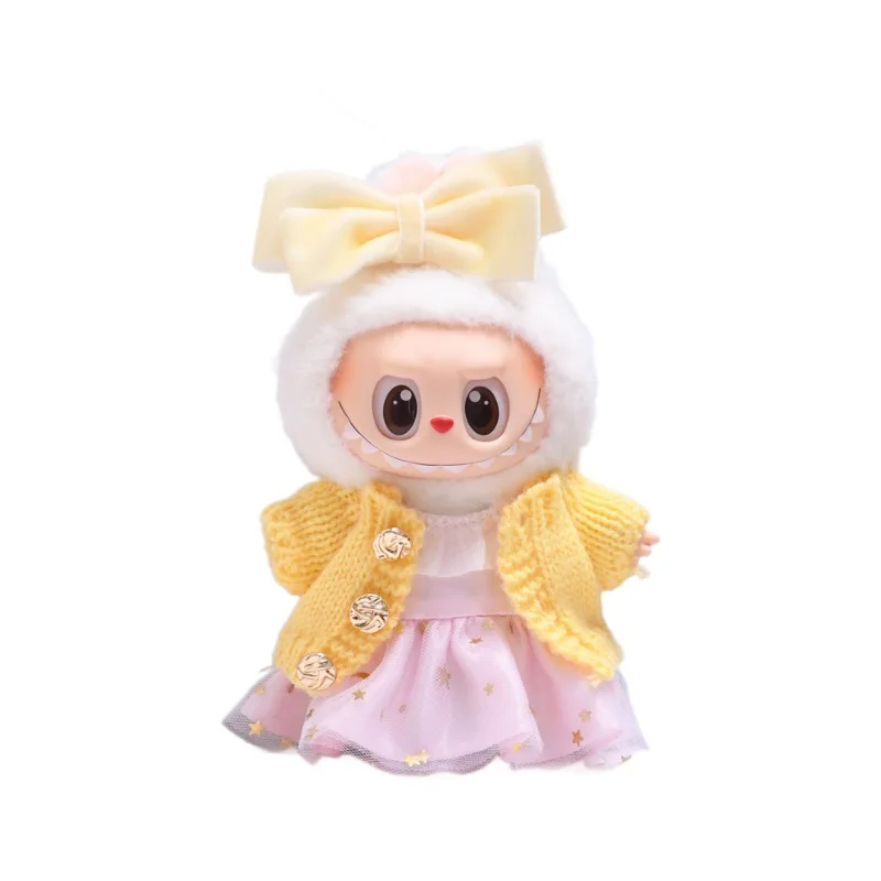 Vestiti per bambole Labubu Gonna cardigan lavorata a maglia rosa oro 17 cm Vestiti per bambole in peluche Labubu I II Idol Doll Seduta Accessori per feste