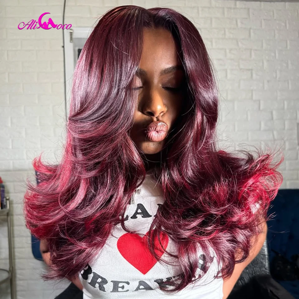 

180 Density 5X5 Closure Human Hair Burgundy Red Highlights Transparent Brazilian Pre Plucked 13X4 13X6 Lace Front Wig for Women