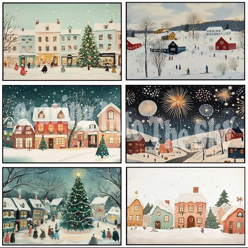 

Cute Christmas Gingerbread Village Retro Winter Snowy Posters and Prints Canvas Printing Wall Art Picture for Living Room Decor