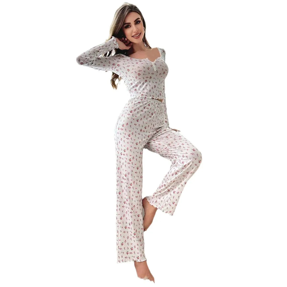 Women's Pajama Sets Long Sleeved Sleepwear for Sleeping V-neck Pajamas Loungewear for Women 2 Piece Set Sexy Sleepwear for Girl