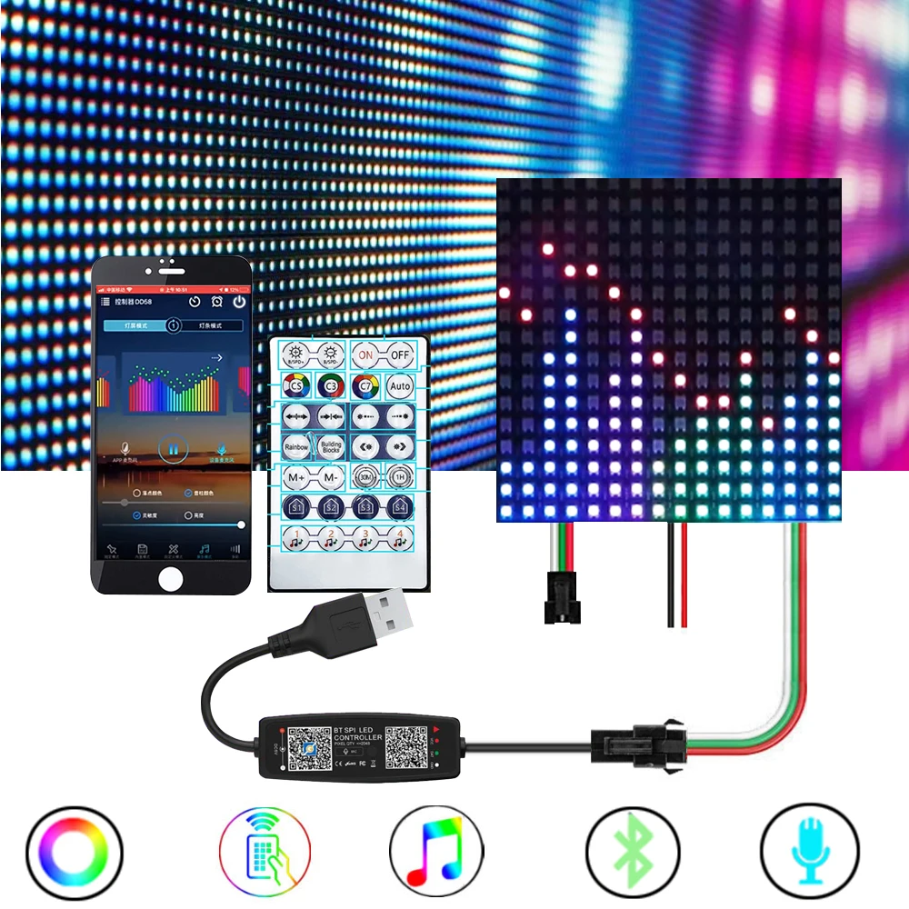 DC5V WS2812B Matrix Individually Addressable WS2812 Led Panel Smart Pixel Screen With 28Keys MIC Music Bluetooth Controller