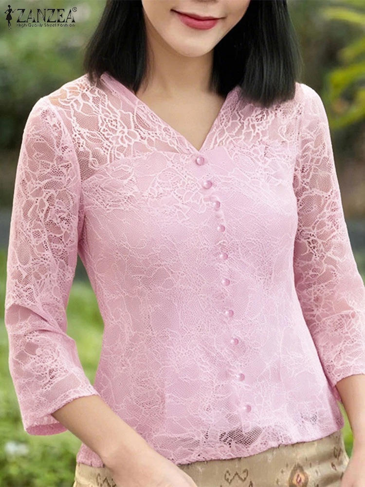 

ZANZEA Summer Lace Blouse Tops Women 3/4 Sleeve Casual Tunic 2025 Elegant V Neck Tops Vintage Solid Color Pullovers Blusas