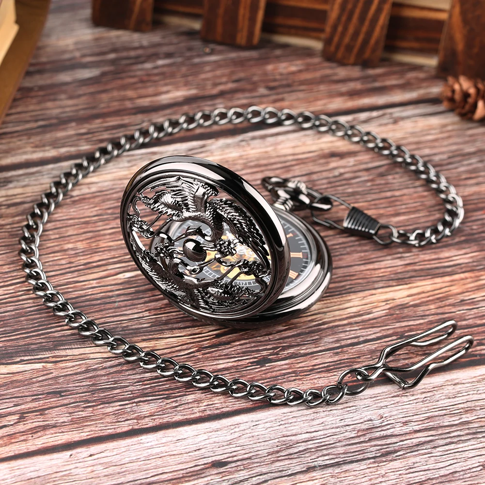 Exquise Vintage Dubbele Vliegende Kraan De Zon Patroon Ontwerp Heren Mechanische Zakhorloge Antieke Stijlvolle Cadeau Retro Ketting Klok