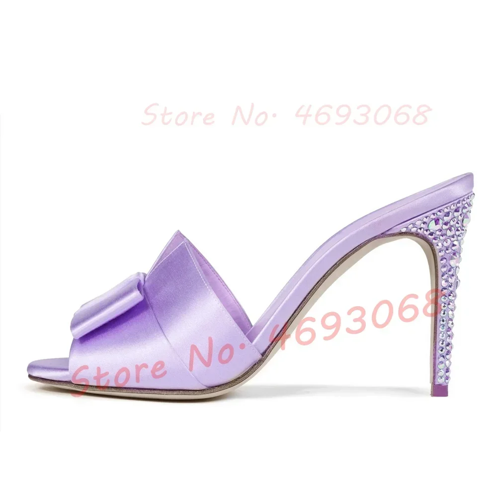 Elegante lazo cinta satén mulas mujeres verano cristal tacones altos fiesta noche zapatos punta abierta tamaño grande Stiletto seda lila zapatilla